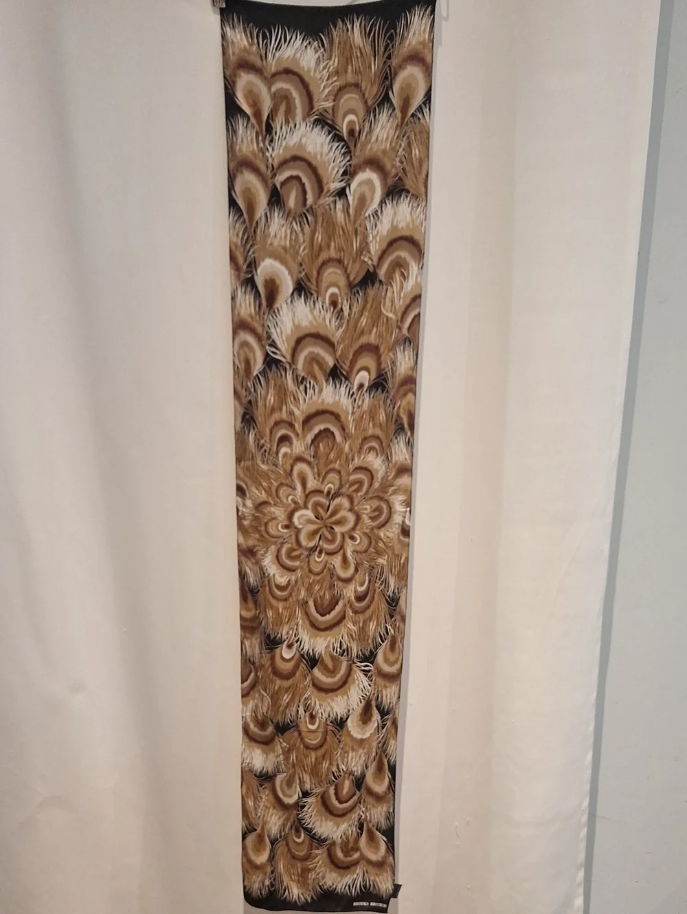 Brooks Brothers Peacock Feather Motif Silk Scarf in Black, Tan and Cream